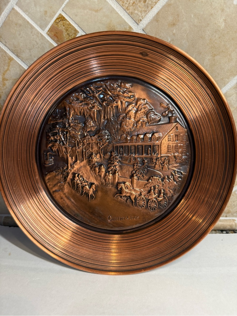 Currier & Ives Copper-Tone Embossed Wall Plate Horse Carriage Scene 10 Inch.